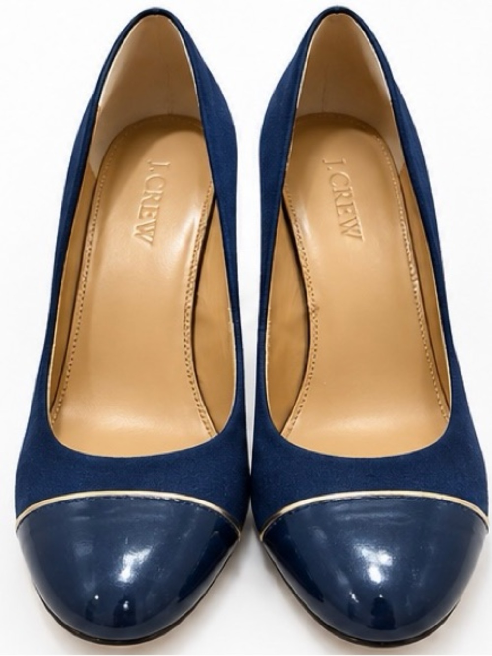 J.Crew Navy Blue Suede Patent Cap Toe Block Heel Pumps Size 8 - Picture 2 of 6